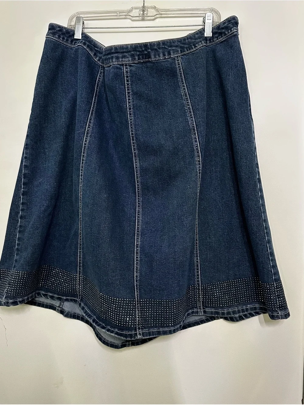 Catherine’s Dark Blue Denim A-Line Skirt with Studded Hem